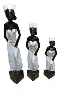 Set 3 Africanas Artesanal Madera Teka Importado D Indonesia Blanco Y Marrón