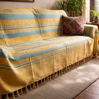 Manta Rustica Importada Algodon India Cobertor De Calidad Verde Amarillo Turquesa Rayas