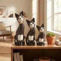 Juego X3 Gatos Tallados Madera Teka Oriente Importados Marrón Oscuro