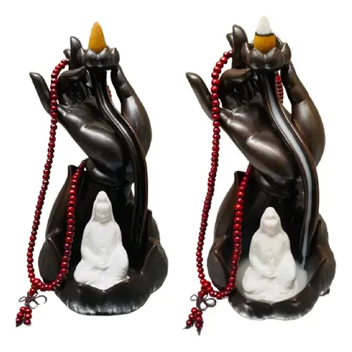 Cascada Humo Buda Siddharta 20 Cm Con Rosario Hindu Y Conos Marrón Lisa
