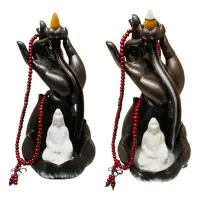 Cascada Humo Buda Siddharta 20 Cm Con Rosario Hindu Y Conos Marrón Lisa