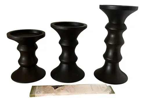 Set 3 Candelabros Madera Teka De India Portavela Artesanal