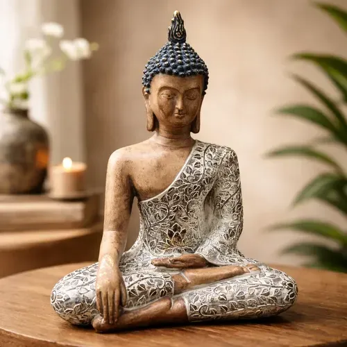 Imagen Estatuilla Buda Resina Manto Con Hojas Importado  Marrón Claro