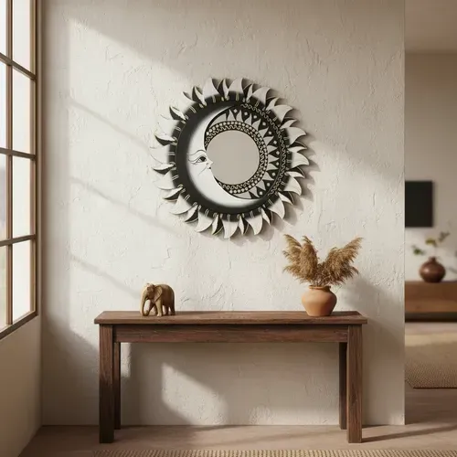 Espejo Importado De India Grande Circular 60 Cm Pushkar Negro Y Blanco