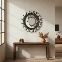 Espejo Importado De India Grande Circular 60 Cm Pushkar Negro Y Blanco