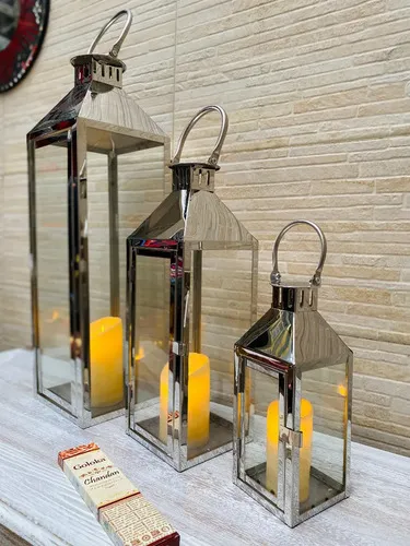 Juego X 3 Faroles Fanal Plateado Porta Vela Metal Importados