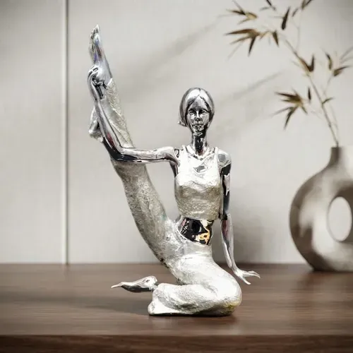 Estatuilla Dama En Posiciones Yoga 38 Cm Deco Oriente Resina Plateado