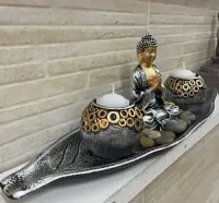 Porta Vela Buda Jardin Zen 40 Cm Importado Oriente 2  Velas Gris