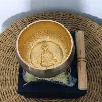 Cuenco Tibetano 7 Metales Con Caja Y Baqueta India Dorado Oscuro