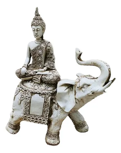 Estatua Buda Sobre Elefante De Jardin  50 Cm Apto Exterior  Blanco