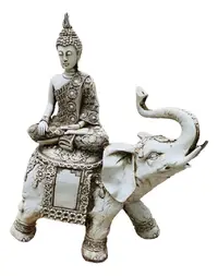 Estatua Buda Sobre Elefante De Jardin  50 Cm Apto Exterior  Blanco