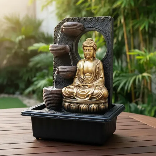 Fuente De Agua Resina 40 Cm Apto Exterior Buda 5 Caidas Zen  Dorado