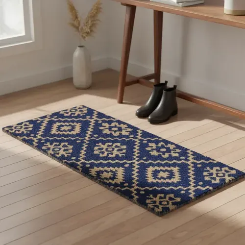 Tapete Alfombra Felpudo India Fibra Coco Y G Eva Larga Deco 75 Cm 25 Cm Azul