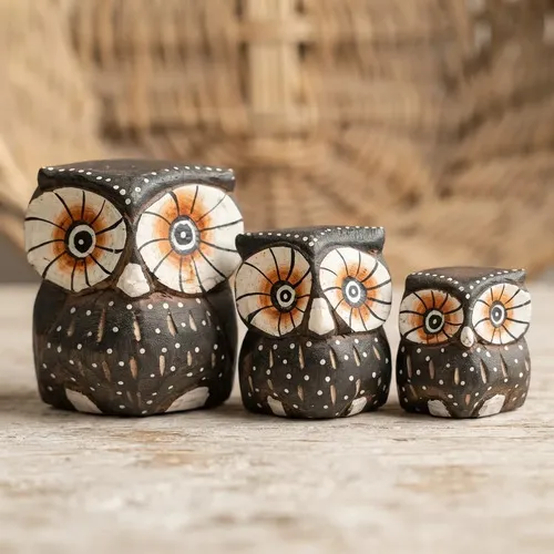Set X3 Buhos En Madera De Oriente Tallado Importado India Marrón
