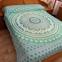 Cubre Camas Hindu - 100% Algodón De India - Colchas - Mantas Verde Y Blanco