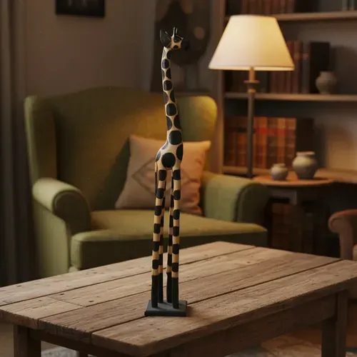 Jirafa De Madera Teka En 1 Pieza Pintada Artesanal Importada
