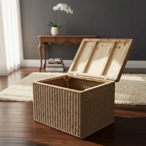 Puf Baul Asiento Rectangular Fibras Naturales Con Tapa Marrón