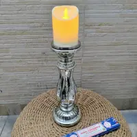 Candelabro Cm Vidrio Y Metal Porta Vela Importado Oriente Plateado