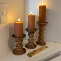 Set 3 Candelabros Madera Teka De India Portavela Artesanal