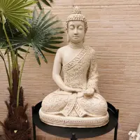Estatua Buda Flores Artesanal Apto Exterior Ideal Xa Jardin Blanco