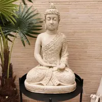 Estatua Buda Flores Artesanal Apto Exterior Ideal Xa Jardin Blanco