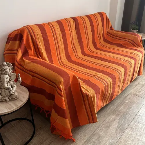 Manta Cobertor Rustico Hindú 1 1/2 Pl Importado India Kerala Naranja Rayas