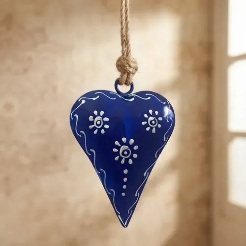 Movil Corazones Tira Metal Pintado Deco De India Artesanal Azul