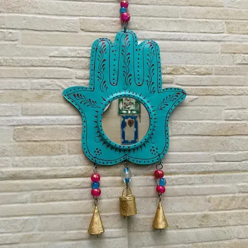 Móvil Mano Fatima De Metal De India Decorativo Hindú Campana Turquesa