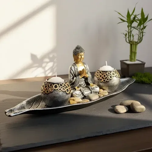 Porta Vela Buda Jardin Zen 40 Cm Importado Oriente 2  Velas Gris