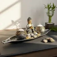 Porta Vela Buda Jardin Zen 40 Cm Importado Oriente 2  Velas Gris