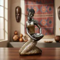 Estatuilla Africana En Resina Y Nacar 20 Cm Importada Vasija Marrón