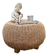 Puf Zen Fibras Naturales C/patas Banco Artesanal 45 X 30 Cm Marrón
