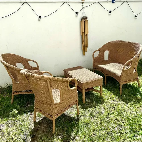 Juego Artesanal Sillones+mesa De Fibra Natural Apto Galeria Marrón