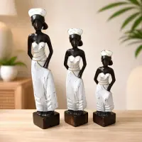 Set 3 Africanas Artesanal Madera Teka Importado D Indonesia Blanco Y Marrón