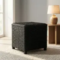 Puf Cuadrado Pintado De Fibra Natural Estilo Nórdico C Patas Negro