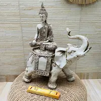Estatua Buda Sobre Elefante De Jardin  50 Cm Apto Exterior  Blanco