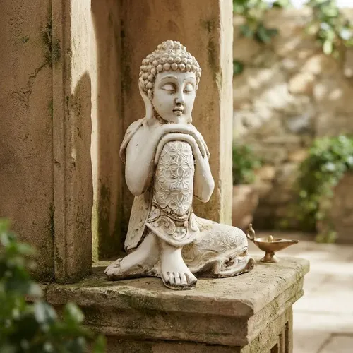 Estatuilla Buda Rodilla Importado India Apto Ideal Exterior Blanco