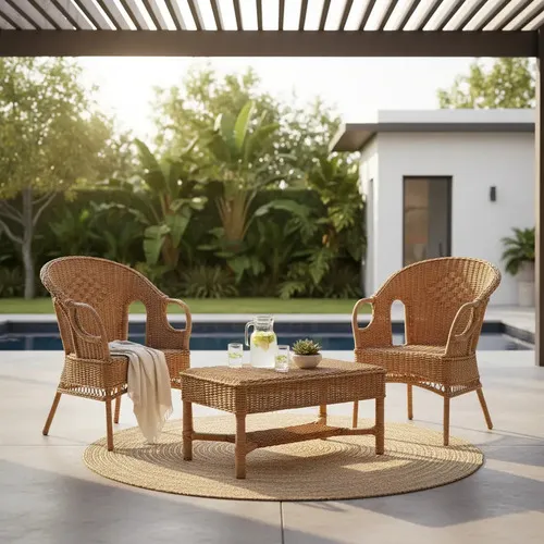 Set X2 Sillones Artesanales Simples En Fibras + Mesa Ratona Marrón Claro
