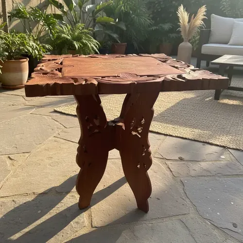 Mesa Auxiliar Madera Teka De India 40 Tallado Artesanal Marrón