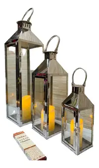 Juego X 3 Faroles Fanal Plateado Porta Vela Metal Importados