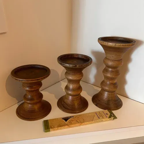 Set 3 Candelabros Madera Teka De India Portavela Artesanal