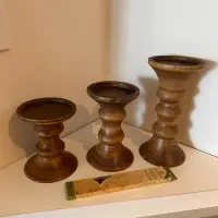 Set 3 Candelabros Madera Teka De India Portavela Artesanal