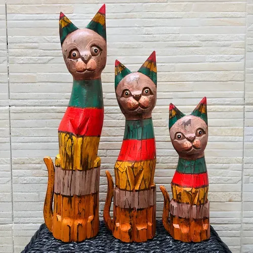 Familia Gatos Madera Oriente Importado Indonesia Artesanal  Marrón
