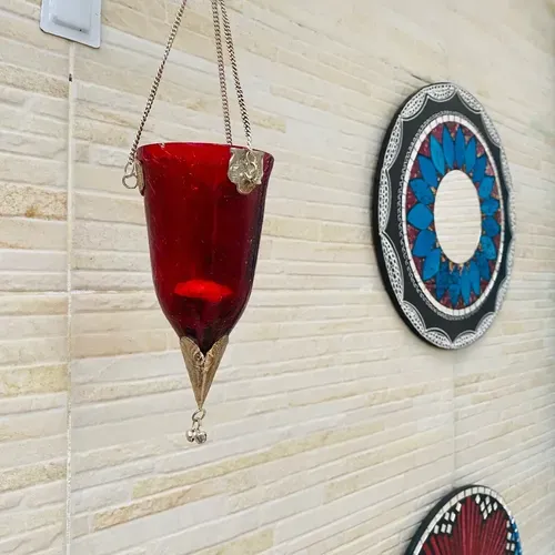 Porta Vela Hindú En Vidrio Y Metal Artesanal Importado India Rojo
