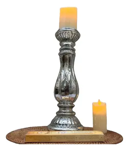 Candelabro Vidrio Portavela Importado Oriente 38cm Tendencia Blanco Patinado