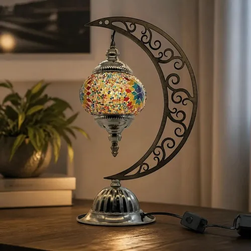 Lámpara Velador Luna Curvo Turco Importado Decoración 40 Cm Plateado Multicolor