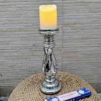 Candelabro Cm Vidrio Y Metal Porta Vela Importado Oriente Plateado