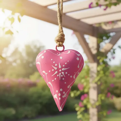 Movil Corazones Tira Metal Pintado Deco De India Artesanal Rosa