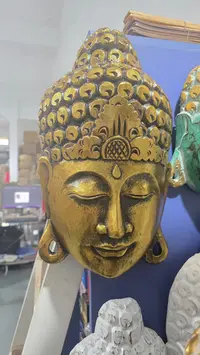 Mascara Buda Artesanal Madera Teca Importada Pushkar Tienda Dorado Oscuro