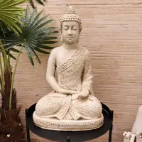 Estatua Buda Flores Artesanal Apto Exterior Ideal Xa Jardin Blanco